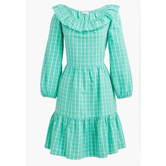 NEW J.CREW SIZE 4 Dress Mini Cotton Seersucker Ruffleneck Long Sleeve Green - Picture 7 of 7